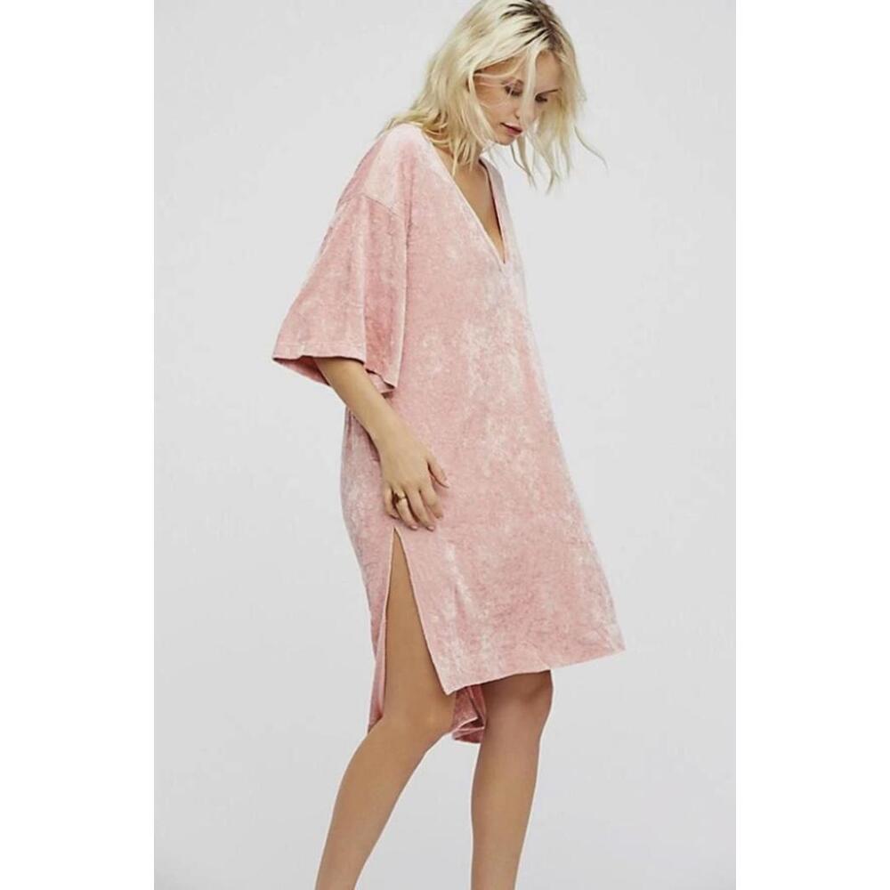 We The Free Luxe Blush Pink Crushed Velvet V-Neck Slit Mini Dress - Size - Small